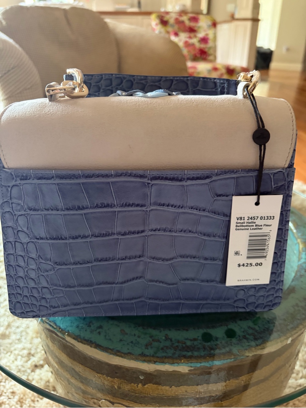 Brahmin Bluebell - NWT Blue & Cream Floral Applique Croc-Texture Crossbody Bag - Picture 4 of 4